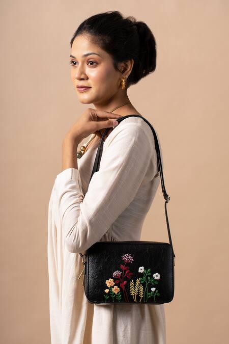 Miri_Black Embroidery Blooming Meadows Sling Bag _at_Aza_Fashions