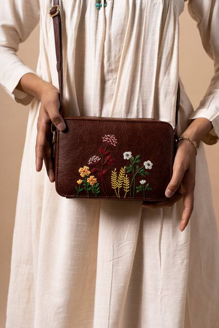 Shop_Miri_Brown Embroidery Blooming Meadows Sling Bag _Online_at_Aza_Fashions
