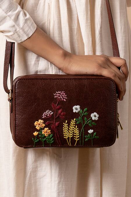 Buy_Miri_Brown Embroidery Blooming Meadows Sling Bag 