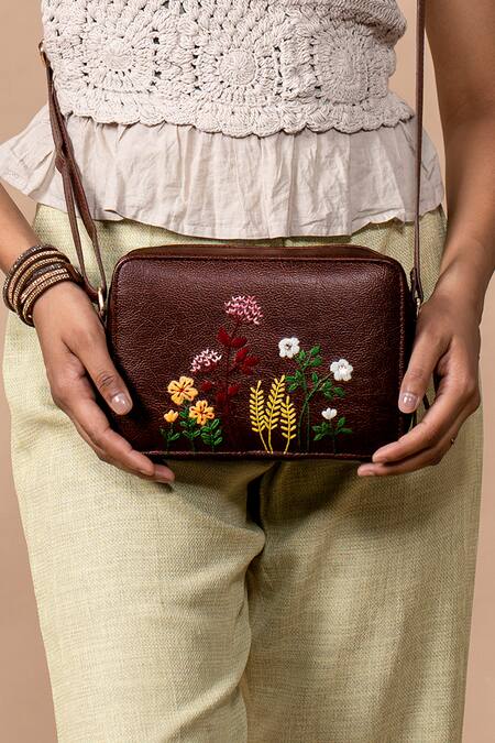 Shop_Miri_Brown Embroidery Blooming Meadows Sling Bag 