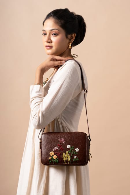 Miri Brown Embroidery Blooming Meadows Sling Bag 