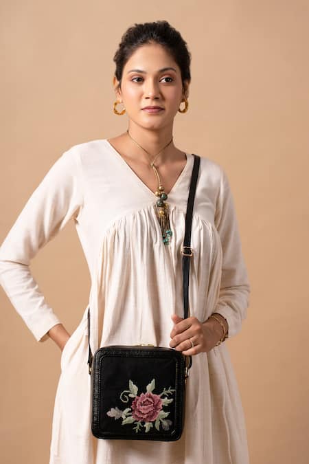 Miri Black Embroidery Cross Stitch Sling Bag 
