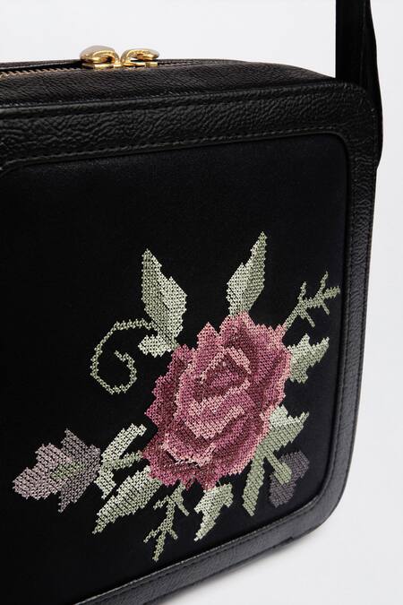 Miri_Black Embroidery Cross Stitch Sling Bag _at_Aza_Fashions