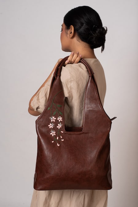 Buy Miri Brown Embroidery Hand Cherry Blossoms Tote Bag Online at Aza Fashions Buy_Miri_Brown Embroidery Hand Cherry Blossoms Tote Bag _Online_at_Aza_Fashions