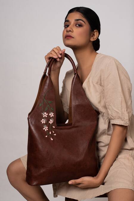 Shop Miri Brown Embroidery Hand Cherry Blossoms Tote Bag Online at Aza Fashions Shop_Miri_Brown Embroidery Hand Cherry Blossoms Tote Bag _Online_at_Aza_Fashions