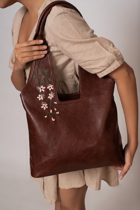 Miri Brown Embroidery Hand Cherry Blossoms Tote Bag at Aza Fashions Miri_Brown Embroidery Hand Cherry Blossoms Tote Bag _at_Aza_Fashions