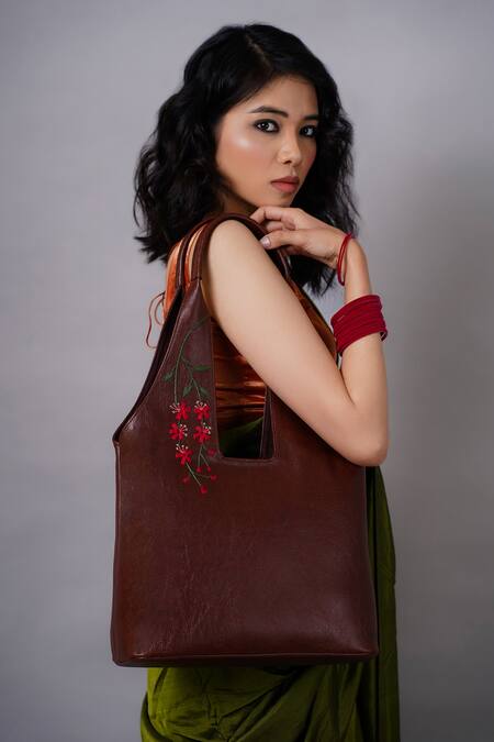 Shop_Miri_Brown Embroidery Hand Cherry Blossoms Tote Bag _Online_at_Aza_Fashions