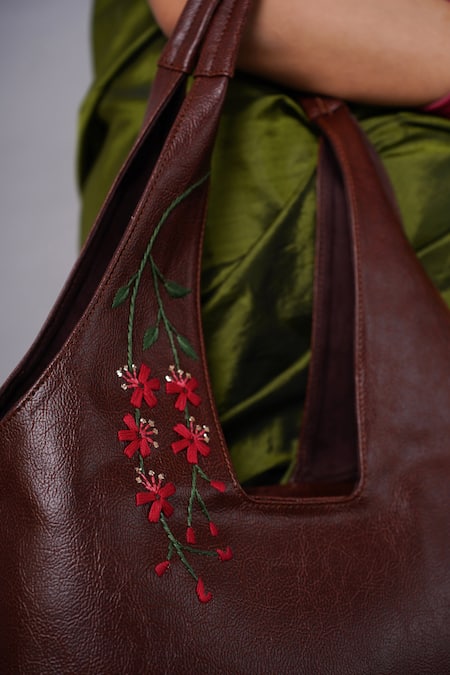 Miri_Brown Embroidery Hand Cherry Blossoms Tote Bag _at_Aza_Fashions