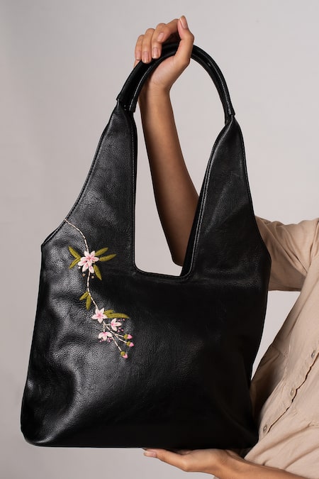 Miri_Black Embroidery Hand Tote Bag _at_Aza_Fashions