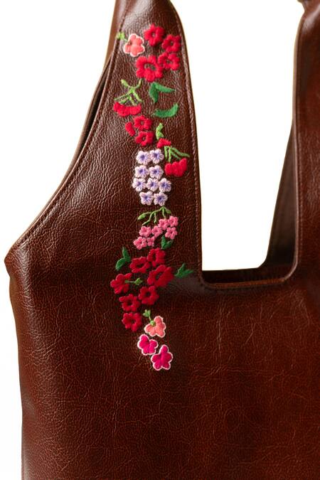 Miri_Brown Embroidery Hand Wildflowers Tote Bag _at_Aza_Fashions