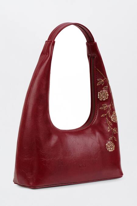 Miri_Maroon Embroidery, Zari Gulzar Hand Tote Bag _at_Aza_Fashions