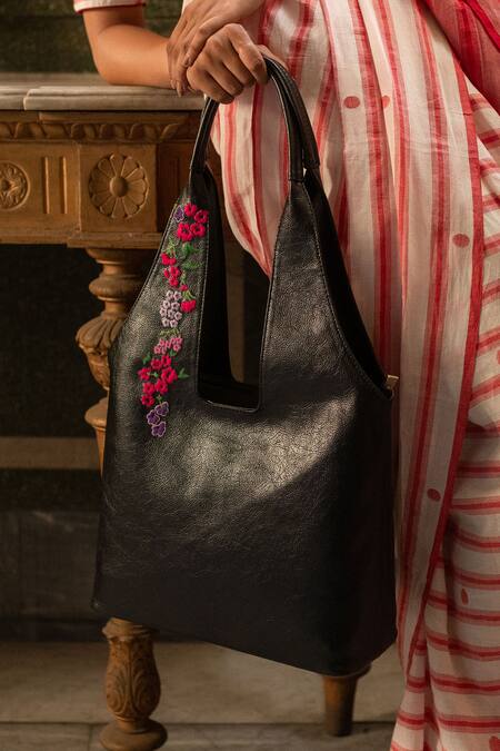 Miri_Brown Embroidery Cherry Handcrafted Tote Bag _at_Aza_Fashions