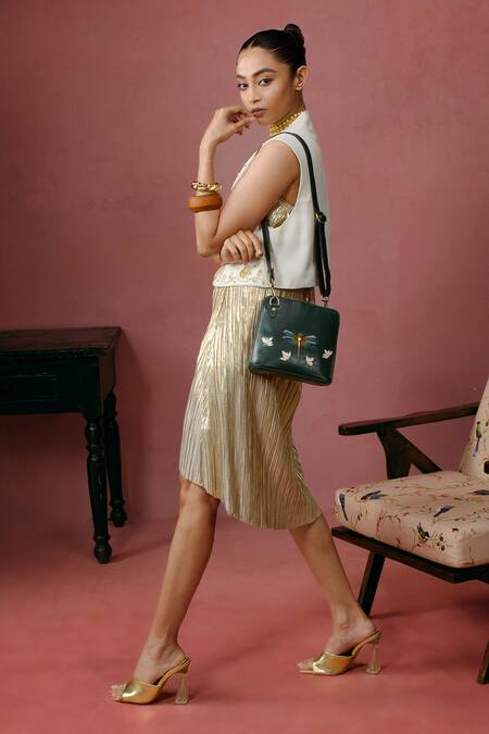 Miri_Green Zari, Beads Dragonfly Hand Embroidered Sling Bag _Online_at_Aza_Fashions