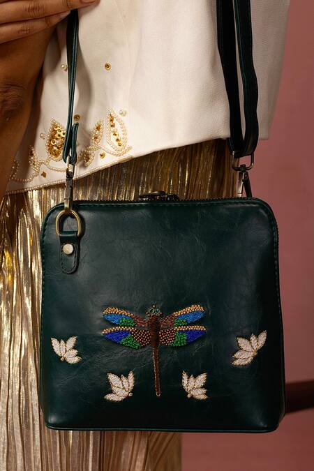 Buy_Miri_Green Zari, Beads Dragonfly Hand Embroidered Sling Bag _Online_at_Aza_Fashions