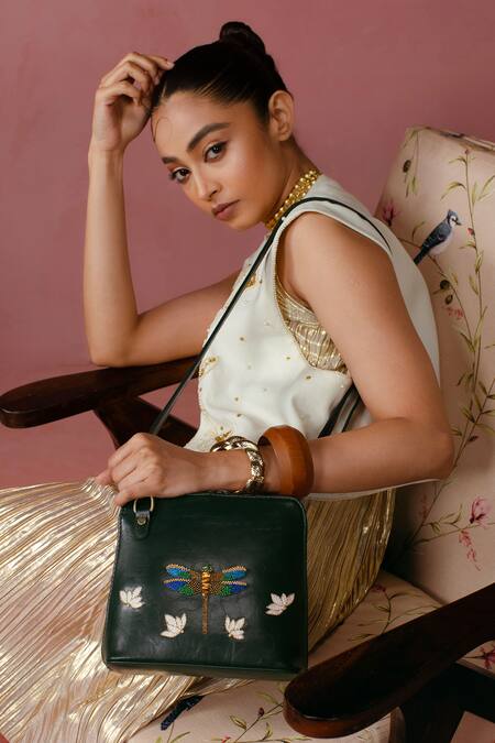 Shop_Miri_Green Zari, Beads Dragonfly Hand Embroidered Sling Bag _Online_at_Aza_Fashions
