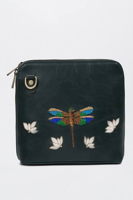 Shop_Miri_Green Zari, Beads Dragonfly Hand Embroidered Sling Bag 