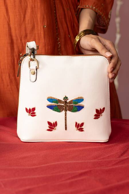 Miri_Ivory Zari, Beads, Embroidery Dragonfly Hand Sling Bag _Online_at_Aza_Fashions