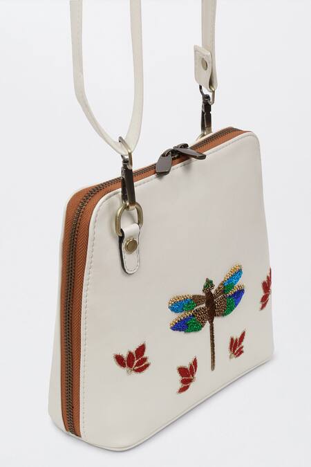 Buy_Miri_Ivory Zari, Beads, Embroidery Dragonfly Hand Sling Bag _Online_at_Aza_Fashions