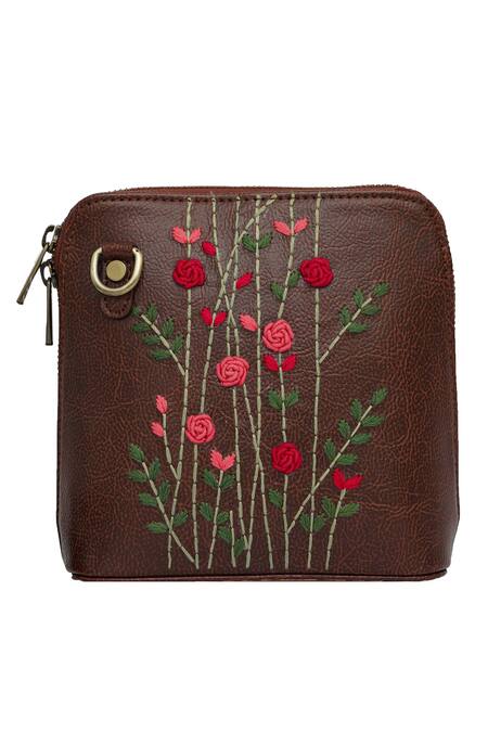 Miri_Brown Embroidery Hand Red Rosebuds Sling Bag _Online_at_Aza_Fashions