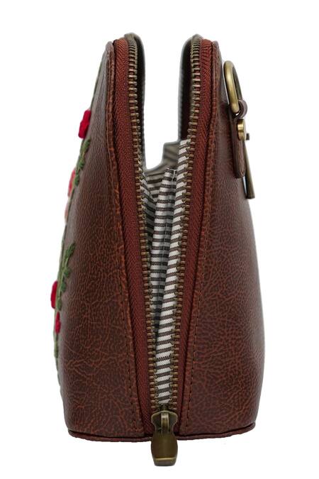 Buy_Miri_Brown Embroidery Hand Red Rosebuds Sling Bag 