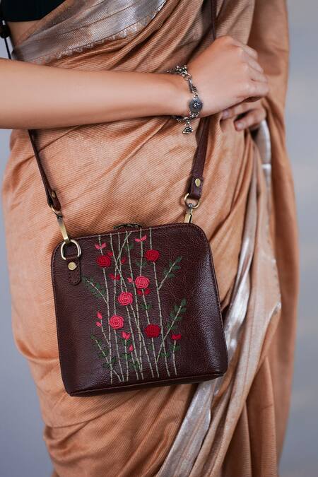 Shop_Miri_Brown Embroidery Hand Red Rosebuds Sling Bag 