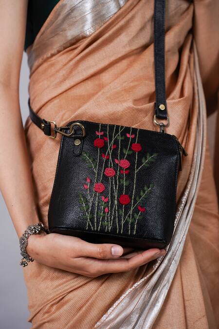 Shop_Miri_Black Embroidery Hand Red Rosebuds Sling Bag 