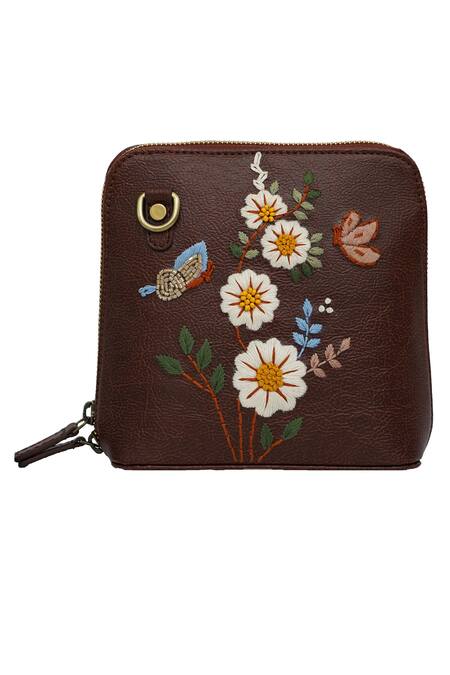 Miri_Brown Embroidery Hand Daisy Sling Bag _at_Aza_Fashions