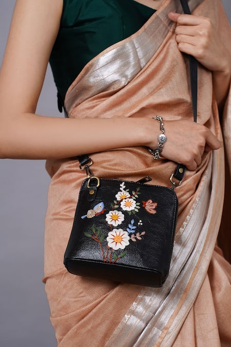 Buy_Miri_Black Embroidery Hand Daisy Sling Bag _Online_at_Aza_Fashions