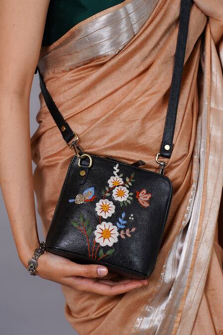 Shop_Miri_Black Embroidery Hand Daisy Sling Bag _Online_at_Aza_Fashions