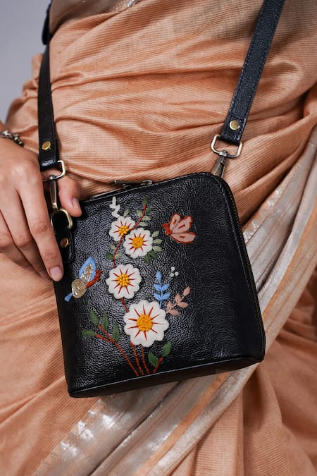 Miri_Black Embroidery Hand Daisy Sling Bag _at_Aza_Fashions