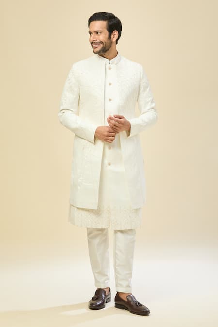 Buy Rng Safawala White Silk Embroidery Sherwani Set Buy_Rng Safawala_White Silk Embroidery Sherwani Set
