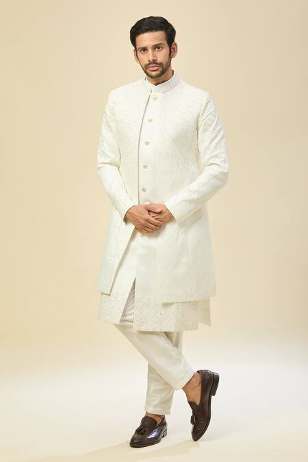 Shop Rng Safawala White Silk Embroidery Sherwani Set Shop_Rng Safawala_White Silk Embroidery Sherwani Set