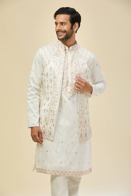 Buy_Rng Safawala_White Silk Embroidery Kurta Set _Online_at_Aza_Fashions