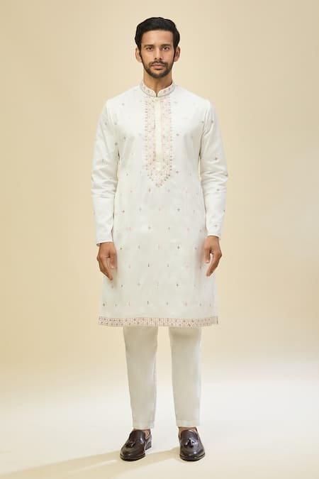 Rng Safawala_White Silk Embroidery Kurta Set _at_Aza_Fashions