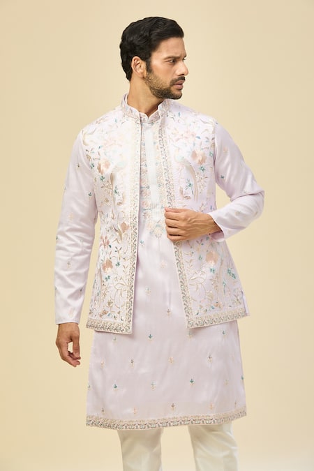 Shop_Rng Safawala_Purple Silk, Cotton Embroidery Kurta Set With Nehru Jacket _Online_at_Aza_Fashions