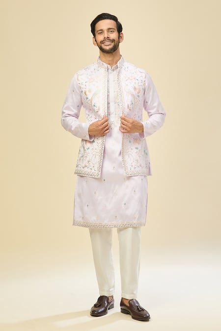 Buy_Rng Safawala_Purple Silk, Cotton Embroidery Kurta Set With Nehru Jacket 