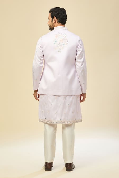 Rng Safawala_Purple Silk, Cotton Embroidery Kurta Set With Nehru Jacket _Online_at_Aza_Fashions