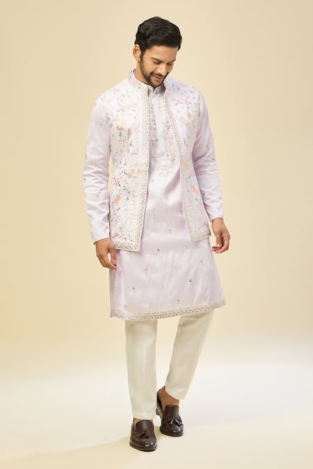 Shop_Rng Safawala_Purple Silk, Cotton Embroidery Kurta Set With Nehru Jacket 