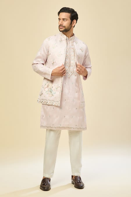 Shop_Rng Safawala_Pink Silk Embroidery Nehru Kurta Set _Online_at_Aza_Fashions