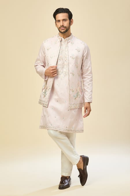 RNG Safawala Pink Silk, Cotton Embroidery Nehru Kurta Set 