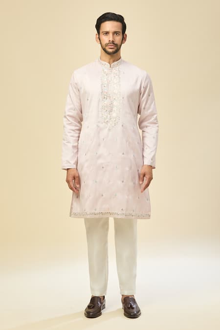Shop_Rng Safawala_Pink Silk Embroidery Nehru Kurta Set 