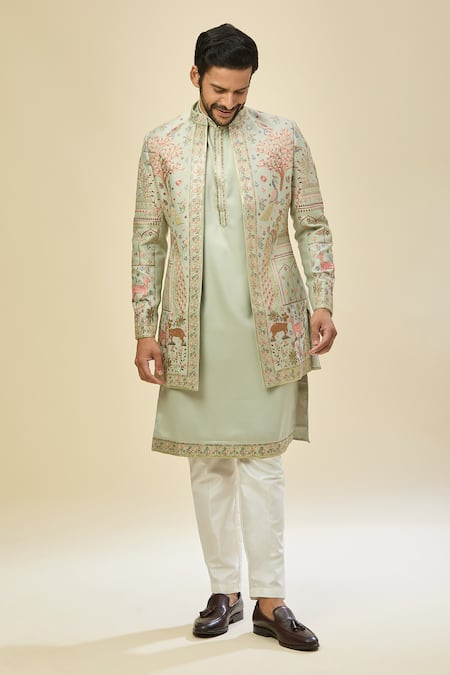 Buy_Rng Safawala_Green Silk Embroidery Sherwani Set_Online_at_Aza_Fashions