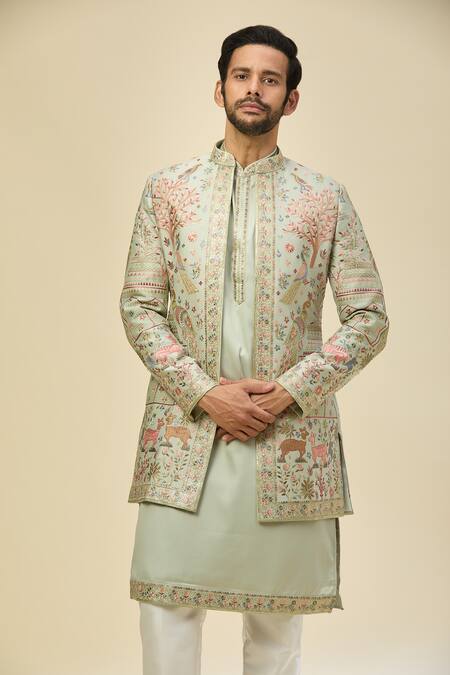 Rng Safawala_Green Silk Embroidery Sherwani Set_at_Aza_Fashions