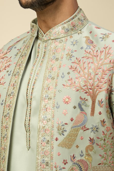 Shop_Rng Safawala_Green Silk Embroidery Sherwani Set