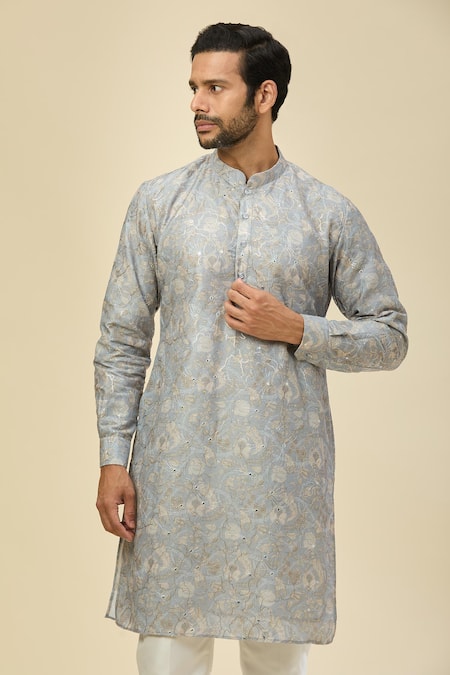 Buy_Rng Safawala_Blue Cotton, Silk Embroidery Printed Kurta Set _Online_at_Aza_Fashions