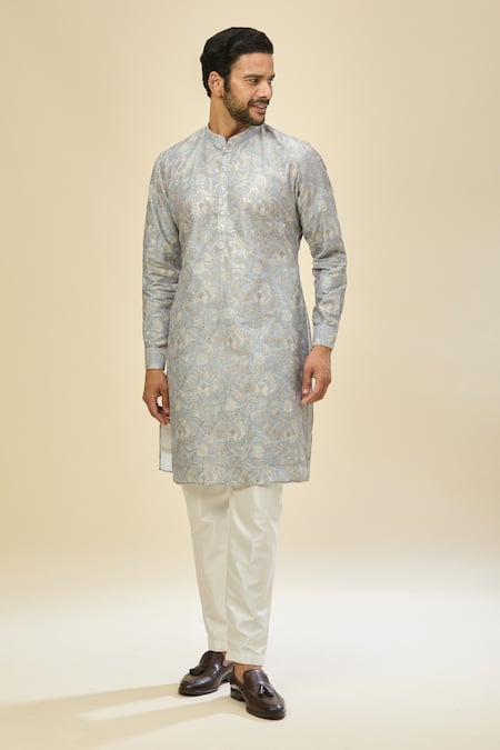 Rng Safawala_Blue Cotton, Silk Embroidery Printed Kurta Set _at_Aza_Fashions