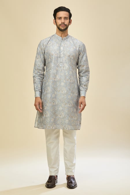 Shop_Rng Safawala_Blue Cotton, Silk Embroidery Printed Kurta Set 