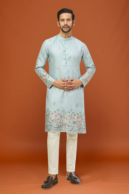 RNG Safawala Blue Crepe, Silk Embroidery Kurta Set 