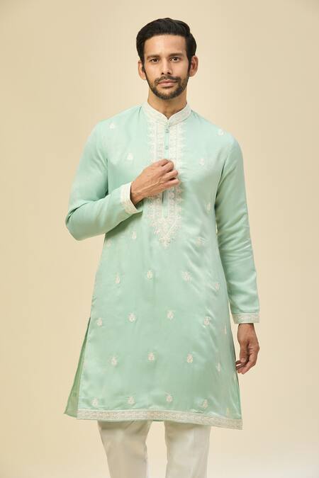 Shop Rng Safawala Blue Silk, Cotton Embroidery Kurta Set Online at Aza Fashions Shop_Rng Safawala_Blue Silk, Cotton Embroidery Kurta Set _Online_at_Aza_Fashions