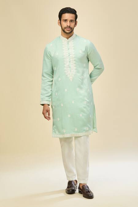 Rng Safawala Blue Silk, Cotton Embroidery Kurta Set at Aza Fashions Rng Safawala_Blue Silk, Cotton Embroidery Kurta Set _at_Aza_Fashions
